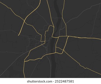 Vector city map of Gaya in the Republic of India with yellow roads isolated on a brown background.