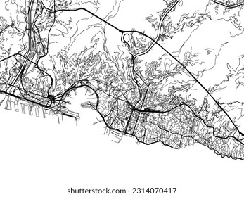 Mapa vectorial de Génova en Italia con carreteras negras aisladas en un fondo blanco.