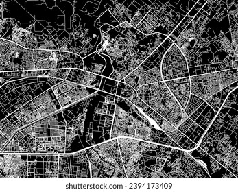 Vector city map of Ghaziabad in the Republic of India with white roads isolated on a black background.