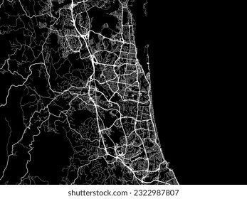 Stadtplan der Goldküste in Australien mit weißen Straßen einzeln auf schwarzem Hintergrund.