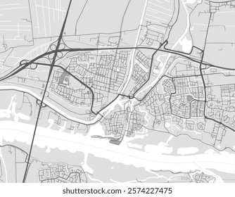 Vector city map of Gorinchem in the Netherlands with black roads isolated on a grey background.