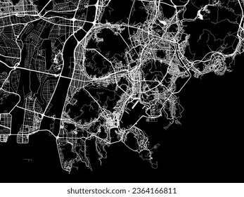 Mapa vectorial de la ciudad del Gran Busán en Corea del Sur con caminos blancos aislados en un fondo negro.