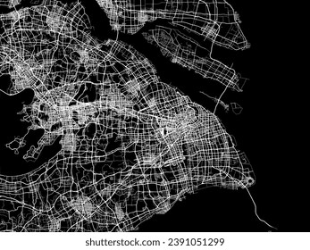 Mapa de la ciudad vector del Gran Shanghai en la República Popular China (RPC) con carreteras blancas aisladas en un fondo negro.