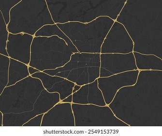 Mapa Vector de la ciudad de Greensboro, Carolina del Norte en los Estados Unidos de América con carreteras amarillas aisladas sobre un fondo marrón.