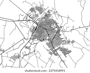 Mapa de la ciudad vectorial de Guamuchil en México con carreteras negras aisladas en un fondo blanco.
