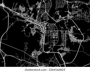 Mapa de la ciudad vector de Gumi en Corea del Sur con carreteras blancas aisladas en un fondo negro.