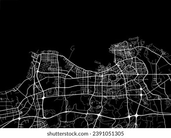 Mapa de la ciudad vector de Haikou en la República Popular China (RPC) con carreteras blancas aisladas en un fondo negro.