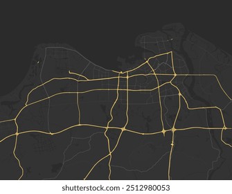 Vector city map of Haikou in the People's Republic of China with yellow roads isolated on a brown background.