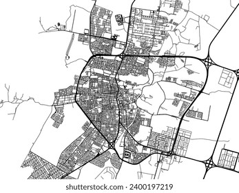 Vector city map of Ha'il in the Kingdom of Saudi Arabia with black roads isolated on a white background.