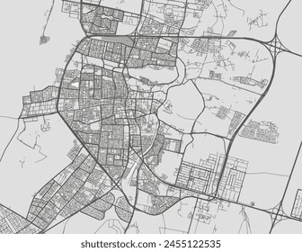 Vector city map of Ha'il in the Kingdom of Saudi Arabia with black roads isolated on a grey background.