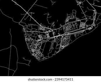 Mapa de la ciudad vectorial de Haldia en la República de India con caminos blancos aislados en un fondo negro.