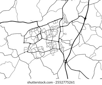 Mapa da cidade de Harlow no Reino Unido com estradas pretas isoladas sobre um fundo branco.