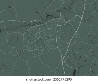 Mapa de cidade vetorial de Harlow no Reino Unido com estradas brancas isoladas sobre um fundo verde.