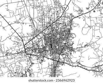 Mapa vectorial de Hat Yai en Tailandia con carreteras negras aisladas en un fondo blanco.