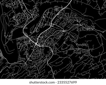 Mapa vectorial de Hattingen en Alemania con caminos blancos aislados en un fondo negro.