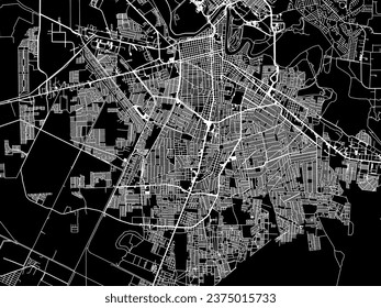 Vector city map of Heroica Matamoros in Mexico with white roads isolated on a black background.