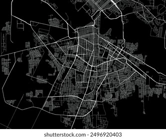 Vector city map of Heroica Matamoros in Mexico with white roads isolated on a black background.