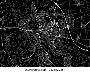 Mapa vectorial de la ciudad de Hildesheim en Alemania con carreteras blancas aisladas en un fondo negro.