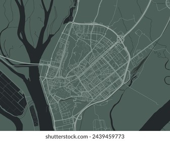 Vector city map of Huelva in Spain with white roads isolated on a green background.