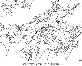 Vector city map of Huixquilucan in Mexico with black roads isolated on a white background.