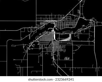 Mapa de la ciudad vectorial de las Cataratas Internacionales Minnesota en los Estados Unidos de América con caminos blancos aislados en un fondo negro.