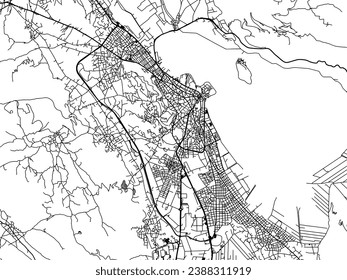 Mapa vectorial de Ioannina en Grecia con carreteras negras aisladas en un fondo blanco.