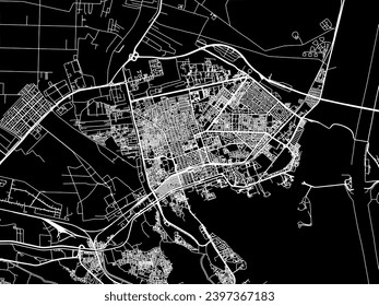 Vector city map of Ismailia in Egypt with white roads isolated on a black background.