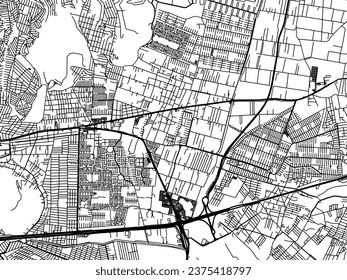 Mapa vectorial de la ciudad de Ixtapaluca en México con carreteras negras aisladas en un fondo blanco.