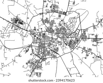 Mapa vectorial de la ciudad de Jalna en la República de India con carreteras negras aisladas en un fondo blanco.