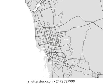 Vector city map of Jeddah in the Kingdom of Saudi Arabia with black roads isolated on a grey background.