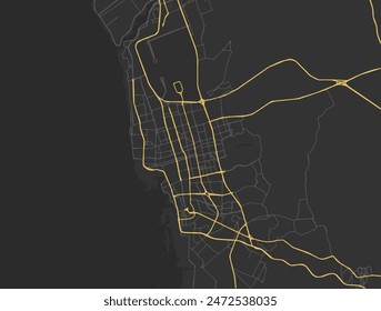 Mapa de Vector de la ciudad de Yeda en el Reino de Arabia Saudita con carreteras amarillas aisladas sobre un fondo marrón.