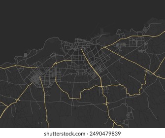 Mapa de Vector de la ciudad de Jeju en Corea del Sur con carreteras amarillas aisladas sobre un fondo marrón.