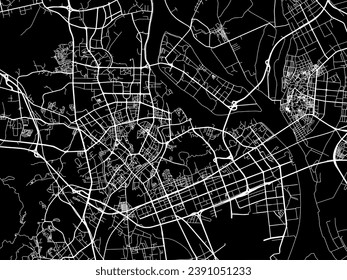 Mapa de la ciudad vectorial de Jiangmen en la República Popular China (PRC) con caminos blancos aislados en un fondo negro.