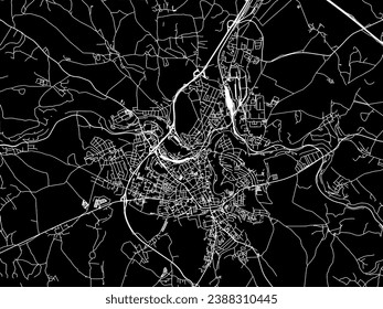 Mapa vectorial de la ciudad de Jihlava en la República Checa con caminos blancos aislados en un fondo negro.