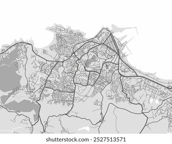 Vector city map of Jijel in Algeria with black roads isolated on a grey background.