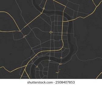 Vector city map of Jilin in the People's Republic of China with yellow roads isolated on a brown background.
