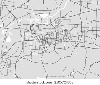 Vector city map of Jinan in the People's Republic of China with black roads isolated on a grey background.