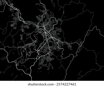 Vector city map of Juiz de Fora in Brazil with white roads isolated on a black background.