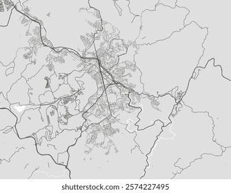 Vector city map of Juiz de Fora in Brazil with black roads isolated on a grey background.