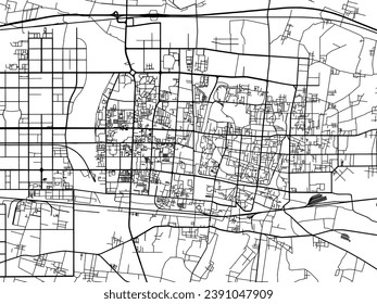 Stadtplan von Kaifeng in der Volksrepublik China (VR China) mit schwarzen Straßen einzeln auf weißem Hintergrund.