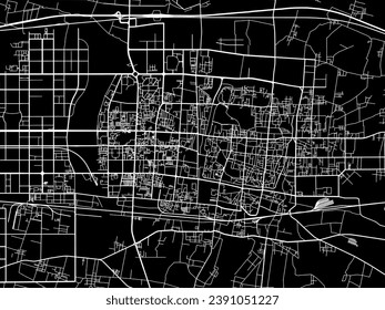 Mapa de la ciudad vector de Kaifeng en la República Popular China (RPC) con carreteras blancas aisladas en un fondo negro.