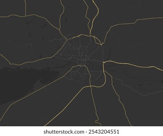 Vector city map of Kaliningrad in the Russian Federation with yellow roads isolated on a brown background.