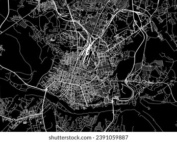 Vector city map of Kaluga in the Russian Federation with white roads isolated on a black background.