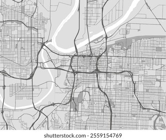 Vector city map of Kansas City Center Kansas in the United States of America with black roads isolated on a grey background.