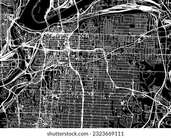 Mapa de la ciudad vectorial de Kansas City Missouri en Estados Unidos de América con caminos blancos aislados en un fondo negro.