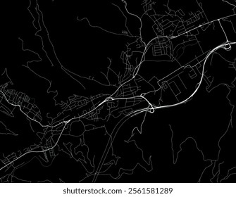 Vector city map of Kapfenberg in Austria with white roads isolated on a black background.