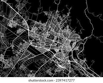 Mapa vectorial de Karaj en Irán con caminos blancos aislados en un fondo negro.