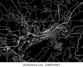 Mapa de la ciudad vectorial de Karlovy Vary en la República Checa con caminos blancos aislados en un fondo negro.