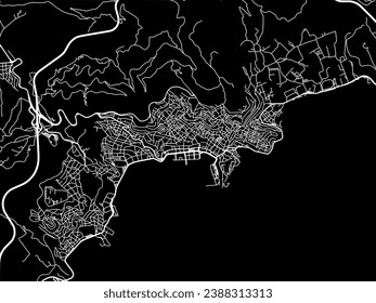 Vector city map of Kavala in Greece with white roads isolated on a black background.