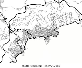 Vector city map of Kavala in Greece with black roads isolated on a white background.